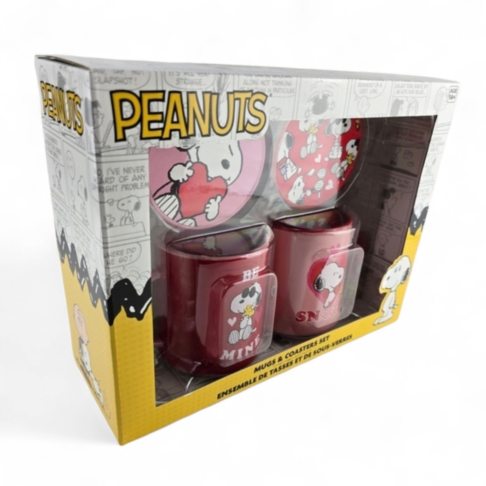 NIB Peanuts Snoopy 4 Piece Ceramic Mug and Coaster Valentine Gift Set OS